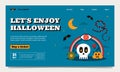 Halloween landing page template illustrated with a skull, pumpkin, rainbow, eye, bat, snake, crescent moon.