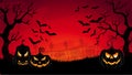 Halloween landscape background. Scary graveyard pumpkins