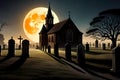 Halloween landscape with graveyard by old church at moonlit night Royalty Free Stock Photo