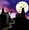 Halloween landscape with moonlight, castle, bats, tree, owl and sunset Royalty Free Stock Photo