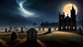 Halloween landscape with old cemetery by church at moonlit night Royalty Free Stock Photo