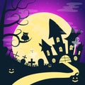 Halloween landscape with scary castle, cemetery, owl, full moon, ghosts and evil pumpkins. Royalty Free Stock Photo