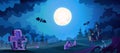 Scary castle and graves in Halloween night vector