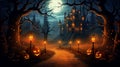 Halloween landscape table and graveyard in spooky night