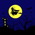 Halloween landscape with witch flying in sky Royalty Free Stock Photo