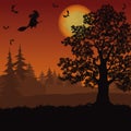 Halloween landscape with witch and trees Royalty Free Stock Photo