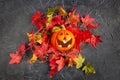 Halloween, laughing pumpkin in a nest of maple leaves on a black background.