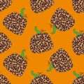 Halloween leopard pumpkin seamless pattern on orang background. Vector cartoon illustration.