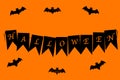 Halloween lettering on black flags. Nearby are figures of bats. On an orange background.