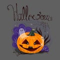 Halloween lettering with pumpkin smile scary face, cute ghosts and spider web isolated on grey background Royalty Free Stock Photo
