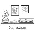 Halloween, lettering. A shelf of spell books, a portrait of ghosts, a magic house. Interior illustration