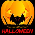 Halloween lettering. A vampire bat sits on a tree branch. Pumpkin and black background. Vector illustration. Royalty Free Stock Photo