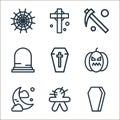 halloween line icons. linear set. quality vector line set such as coffin, voodoo doll, midnight, pumpkin, coffin, graveyard,