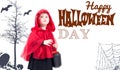 Halloween. Little Red Riding Hood. Beautiful little girl in a red raincoat. Royalty Free Stock Photo