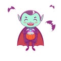 Halloween little vampire Dracula. Boy kid with smiling face in halloween costume with pumpkin in his hands.