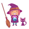 Halloween little witch. Girl kid with smiling face in halloween costume of witch with cauldron, black kitten and broom. Royalty Free Stock Photo