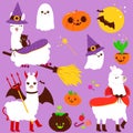 Halloween llama set. Vector illustration collection Royalty Free Stock Photo