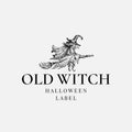 Halloween Logo or Label Template. Hand Drawn Old Witch Flying on the Broom Sketch Symbol and Retro Typography.