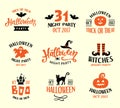 Halloween Logo Templates, Badges Set. Handwritten Ink Lettering and Hand Drawn Cartoon Doodles