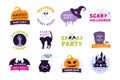 Halloween logo. Trick or treat labels and sticker for scary holiday with pumpkins, skulls and ghost. Happy Halloween