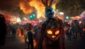 Halloween in Los Angeles. Night carnival on the street. People in masks and costumes