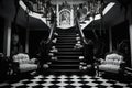 Halloween luxury entry hall with stairs, double staircase, black and white interior design Royalty Free Stock Photo