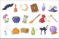 Halloween magic signs set, wizard hat, magic book, potion, broom, crystal ball, chest, hourglass, pumpkin, bat vector