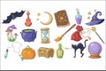 Halloween, magic and spell signs set, wizard hat, magic book, potion, broom, crystal ball, chest, hourglass, pumpkin