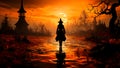 Halloween sorceress scene, witch walking backwards orange sunset. Generative AI