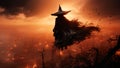 Halloween sorceress, a witch flying in air watching city on fire. Generative AI