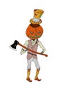 Halloween man pumpkin with a hatchet in country style, digital draw, isolated on white ground