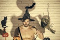 Halloween man in witch hat with pumpkin Royalty Free Stock Photo