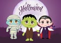 Halloween masquerade, cute children costumes. Funny characters. Invitation card for party and sale. Autumn holidays.