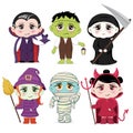 Halloween masquerade, cute children costumes. Funny characters. Invitation card for party and sale. Autumn holidays.