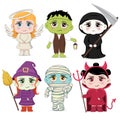 Halloween masquerade, cute children costumes. Funny characters. Invitation card for party and sale. Autumn holidays.