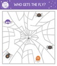 Halloween maze for children. Autumn preschool printable educational activity. Funny day of the dead game or puzzle with spiders, Royalty Free Stock Photo