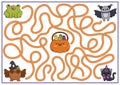 Halloween maze for kids. Autumn holiday preschool printable activity with cute kawaii animals and pumpkin with sweets. Scary