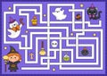 Halloween maze for kids. Autumn holiday preschool printable activity with cute kawaii witch, cat, ghost. Scary labyrinth game or Royalty Free Stock Photo