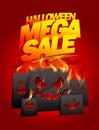 Halloween mega sale vector poster or banner design with burning paper bags