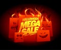 Halloween mega sale poster or web banner design template with red shopper bags personages and golden lettering Royalty Free Stock Photo