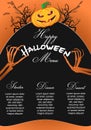 Halloween Menu Template with pumpkin chef and skeleton hands