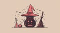 halloween minimalist art, minimalist witchy design with elegant line art of hat, broom, and cauldron, ideal for