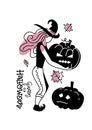 Halloween minimalistic greeting card. A young witch woman in a hat holds a pumpkins in her hands. Vector hand drawn trendy