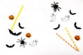 Halloween mock up concept. Flying black paper bats , pumpkins and ghosts on white