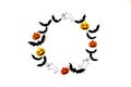 Halloween mock up concept. Flying black paper bats , pumpkins and ghosts on white background. Round frame