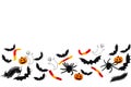 Halloween mock up concept frame Flying black paper bats , beetles and spiders, candys, pumpkins and ghosts on white