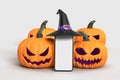 Halloween mock-up pumpkins, witch hat with smartphone. Halloween concept mockup. 3D rendering