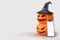 Halloween mock-up pumpkins, witch hat with smartphone. Halloween concept mockup. 3D rendering