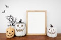 Halloween mock up wooden frame on a wood shelf with black branches and jack o lantern decor Royalty Free Stock Photo