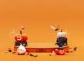 Halloween mockup empty display decorated with carved pumpkins and holiday decoration on orange background with copy space.